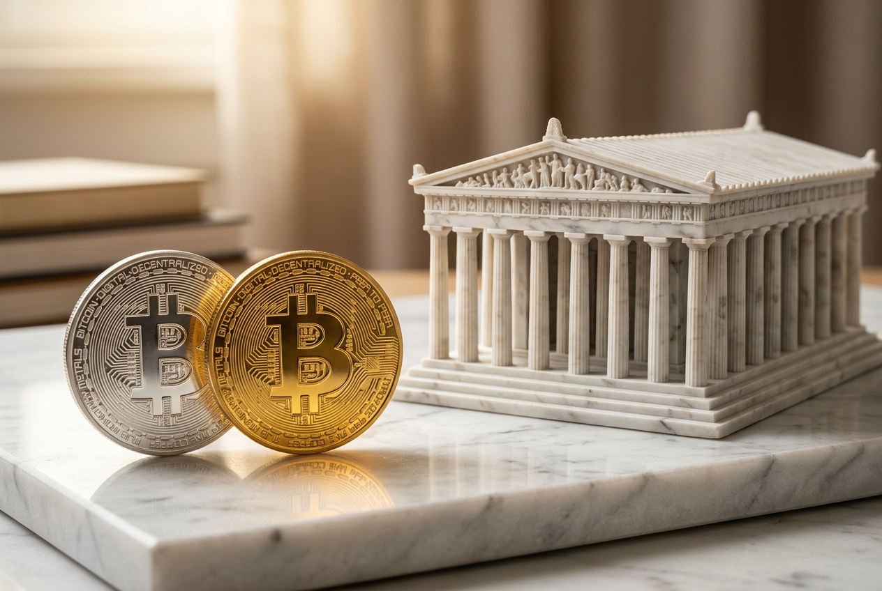 Bitcoin coins placed next to a miniature Parthenon model.