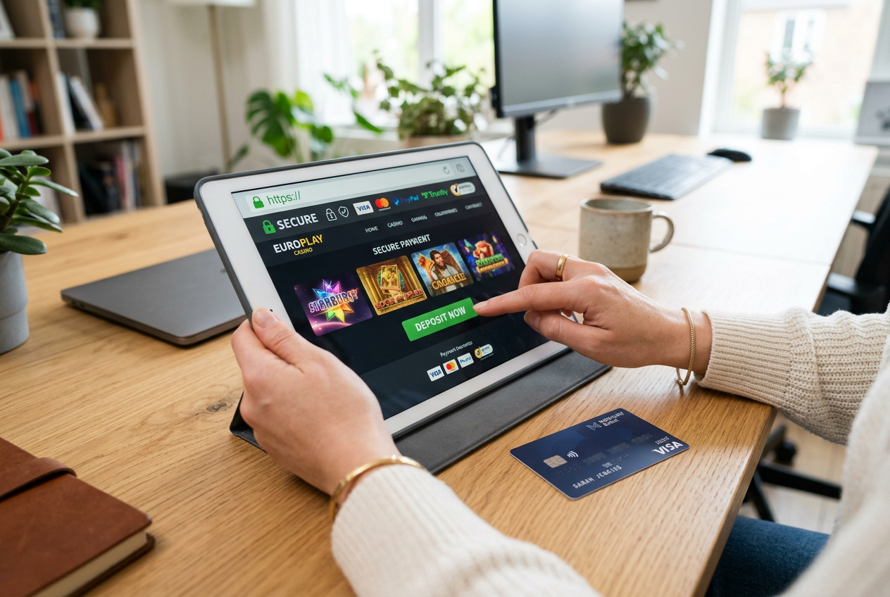 A close-up of a person using a tablet for secure online gaming transactions.