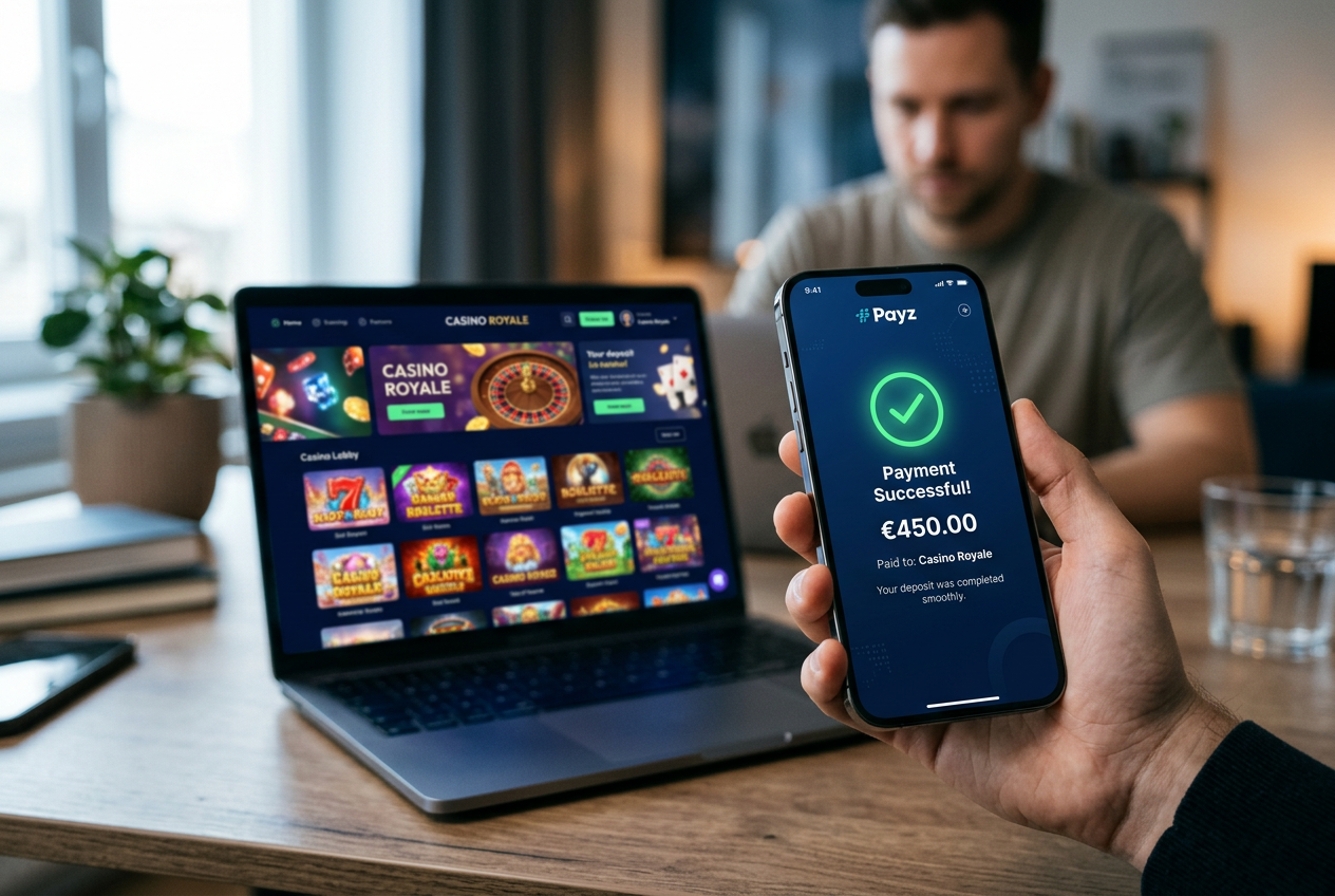 A smartphone displaying a secure payment app next to a laptop with an online casino screen.
